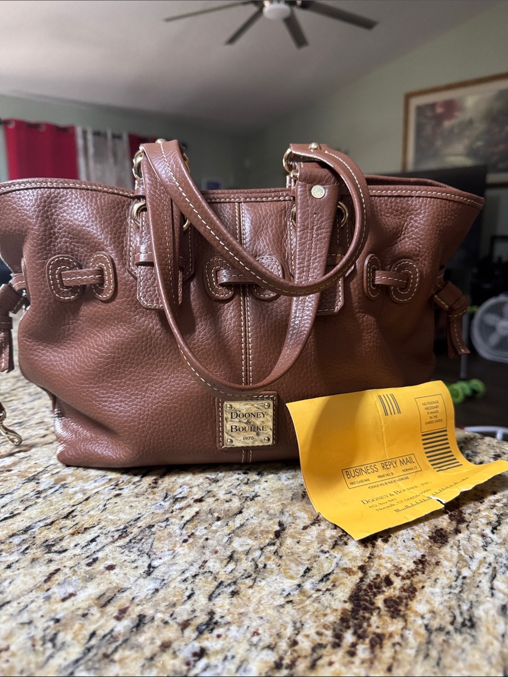Dooney & Bourke Brown Pebbled Leather Shoulder Bag with Gold Plaque